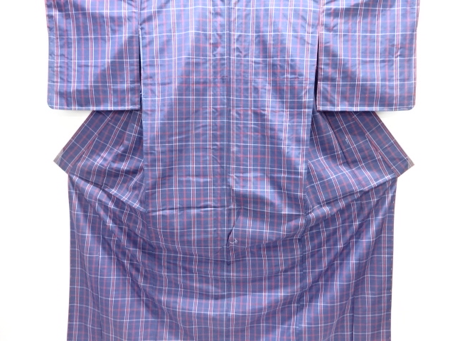 未使用品　格子織り出し米沢紬着物・道行コートアンサンブル